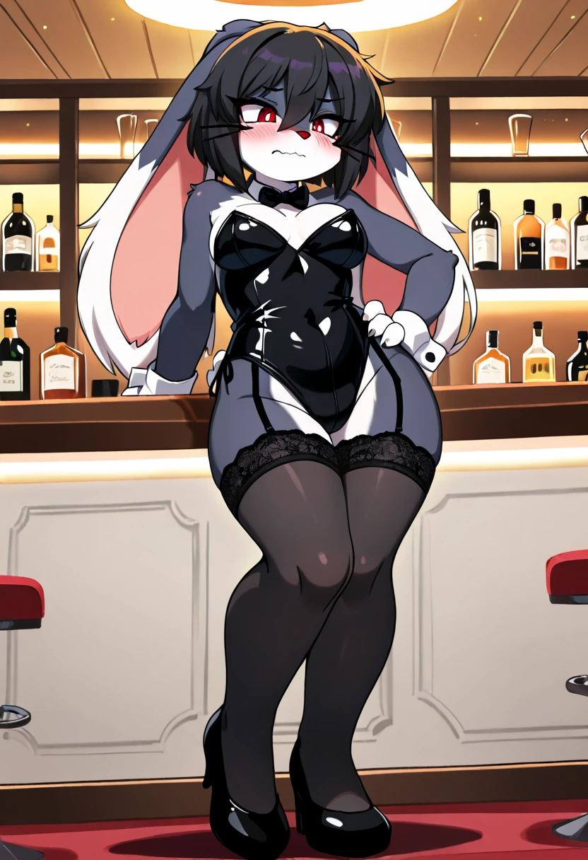 nsfw,1girl,Solo,Androgynous,(reverse outfit:1.5),playboy bunny,big breast,black hair,red eyes,medium hair,sidelocks,(cowboy shot),(tight skin),straight-on,standing,masterpiece,best quality,very aesthetic, absurdres,Cameltoe,(Fishnet tights bodystocking),(nude)