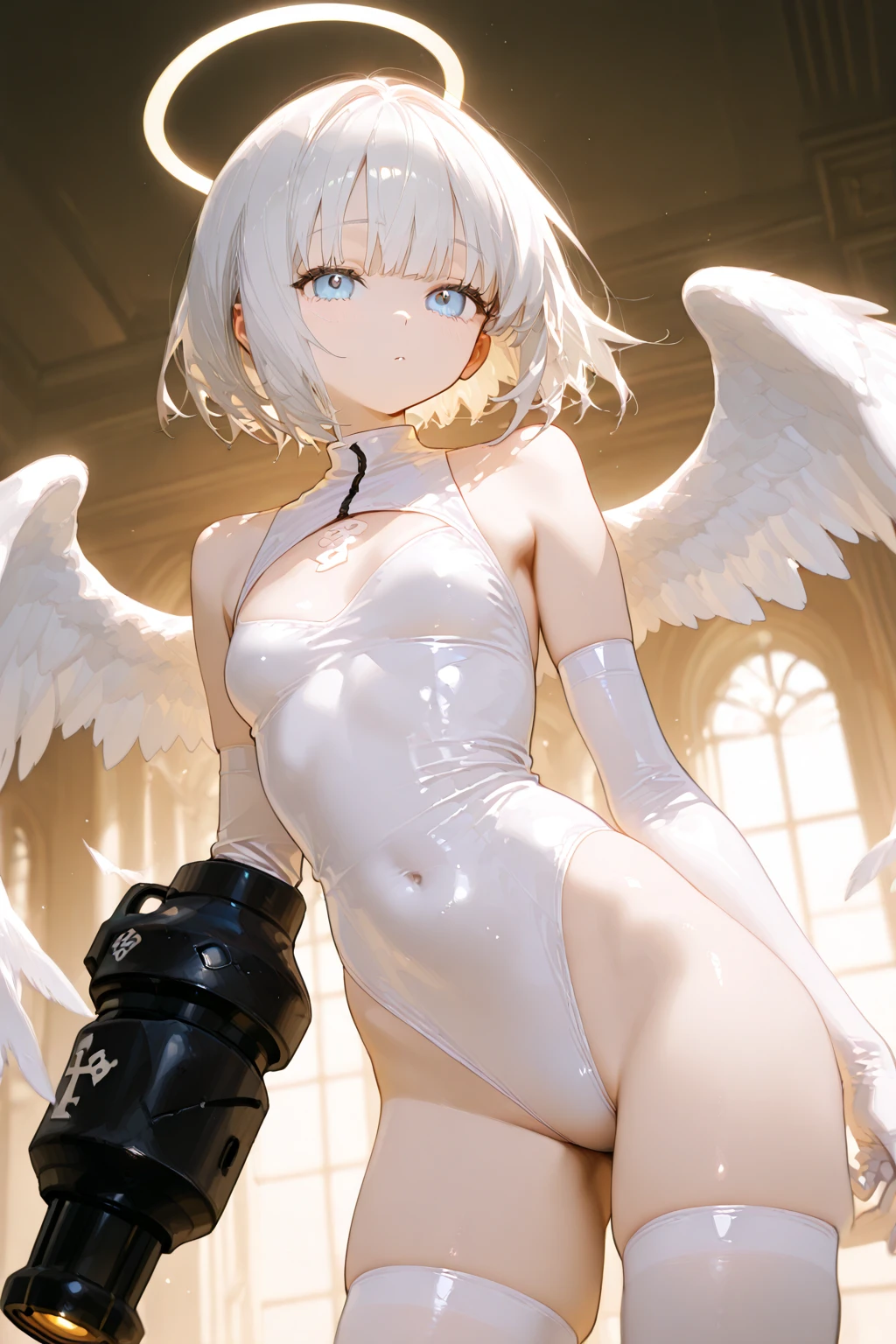 a naked white-haired young girl with mechanical steel angel wings, (purple eyes), hero, horny, blushing, shy, heroic, futuristic, modymod, hot, sexy, cute, wet, light, small boobs, abs, petite, small chest, nude, angelic, 4k, (masterpiece)