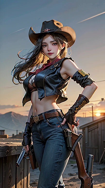 gun, RAW Photos、Realistic、(Super detailed)、(High resolution:1.2)、(masterpiece)、(Highest quality)、8k、Ultra-Details、Angle from below、Cowgirl、One girl、Watching the audience、Cowboy hat、Cowboy boots、neckerchief、gun belt、Pistol、rifle、Gun Holster、lasso、horse、Western Landscape、Golden sunset、Detailed face、Complicated costumes、(Super hourglass body type)、(Super big breasts:1.3)、Western movie scene、Pistolのグリップを正しく握る、Correct fingers、Sexy and acrobatic gunfight poses、A confident smile、Beautiful and well-proportioned face