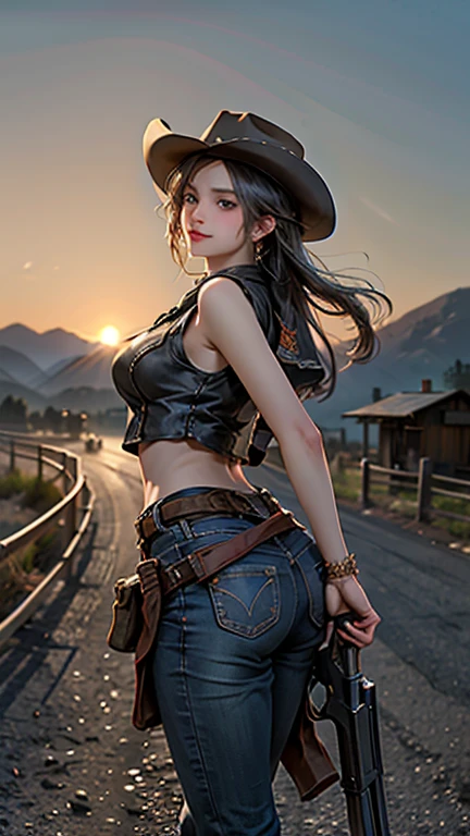gun, photorealistic, Back view、RAW Photos、Realistic、(Super detailed)、(High resolution:1.2)、(masterpiece)、(Highest quality)、8k、Ultra-Details、(Perfect Anatomy:1.3)、Beautiful Eyes、Angle from below、Cowgirl、One girl、Turn around to look at the viewer、western movie images、(Cowboy hat)、Western Boots、neckerchief、(Leather vest)、(gun belt:1.3)、(Detailed depiction of a revolver:1.4)、rifle、(Gun holster)、jeans、horse、Western Landscape、Cactus、(Golden sunset)、Detailed depiction of intricate costumes、(Super hourglass body type)、(Super big breasts pointing upwards:1.4)、(A scene from a western movie)、(Hold the gun grip correctly)、(Shoot a handgun)、Correct fingers、Leg spread、[[[logic]]]、(Dynamic Gunfighter Pose)、A confident smile、(Western Geki Bar)、The other cowboys