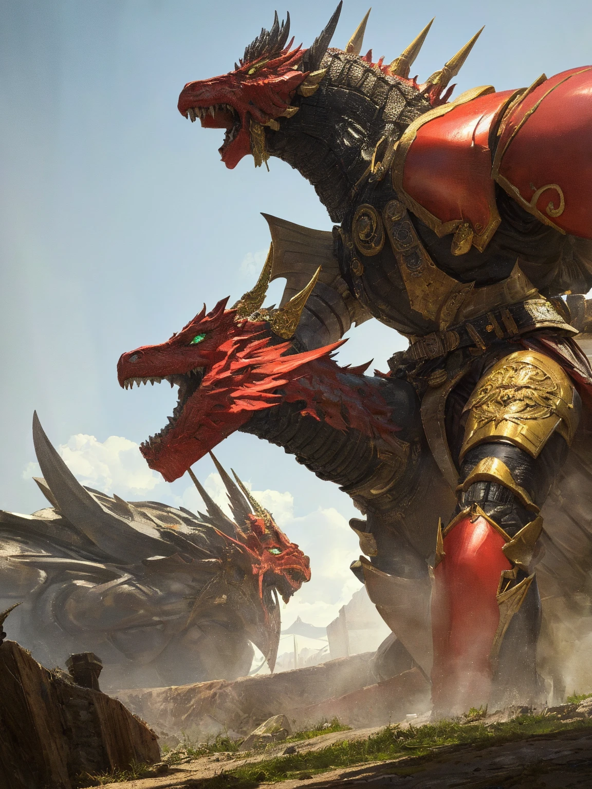 Dragon Orc,male,Robust construction。Silver-gray skin covered with hard, Thick scales,There is a pair of blood-red wings behind。long, Sharp Teeth、Dragon horns and claws。Standing on the battlefield,Wearing red armor