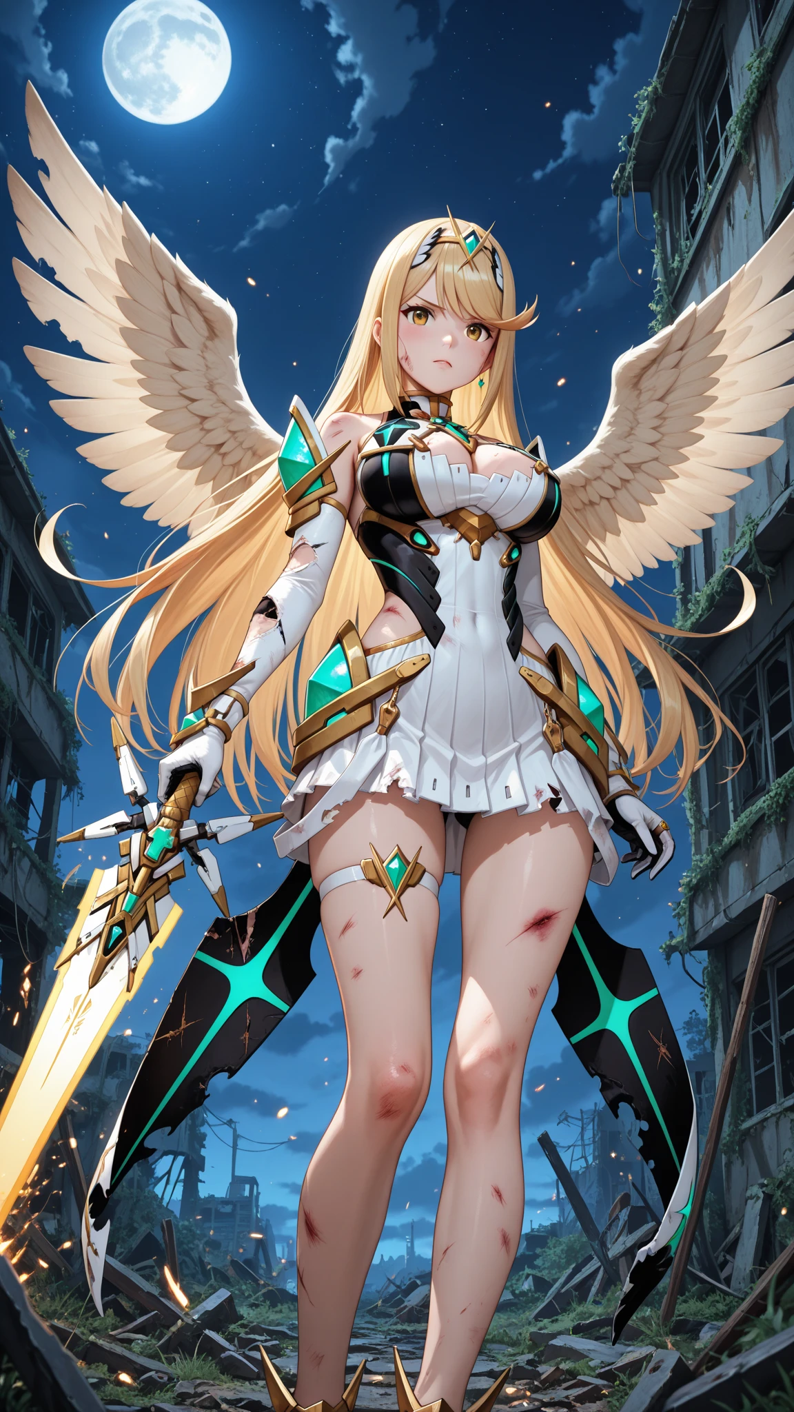 fantasy, 1devil_girl, low_teen, platina_blond_hair,long_bangs,, bare_shoulder, navel out, thighhighs,silver_armor, white_clothes,waist_armor, Glebe, hold_swords, medium_breasts, dynamic_flying_pose,Floating, (1pair_wings:1.2),(pelvic_curtain:1.3), silver_Headgear ,looking_down_at_sunrise_city_sky_background,,slightly_spread_legs, some_swords,some_swords_floating_around_the_girl,solo,horn ,smile,,open_legs,open_arms,rise_knee,rise_leg,rise_thigh,rise_leg,forward_leaning_posture,apart_legs,