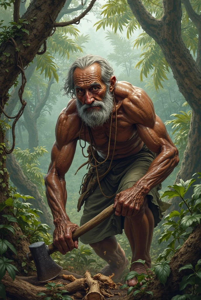 Naked asian trible old man with bow arrow, machete and spear holding human head on left hand seems very traditional