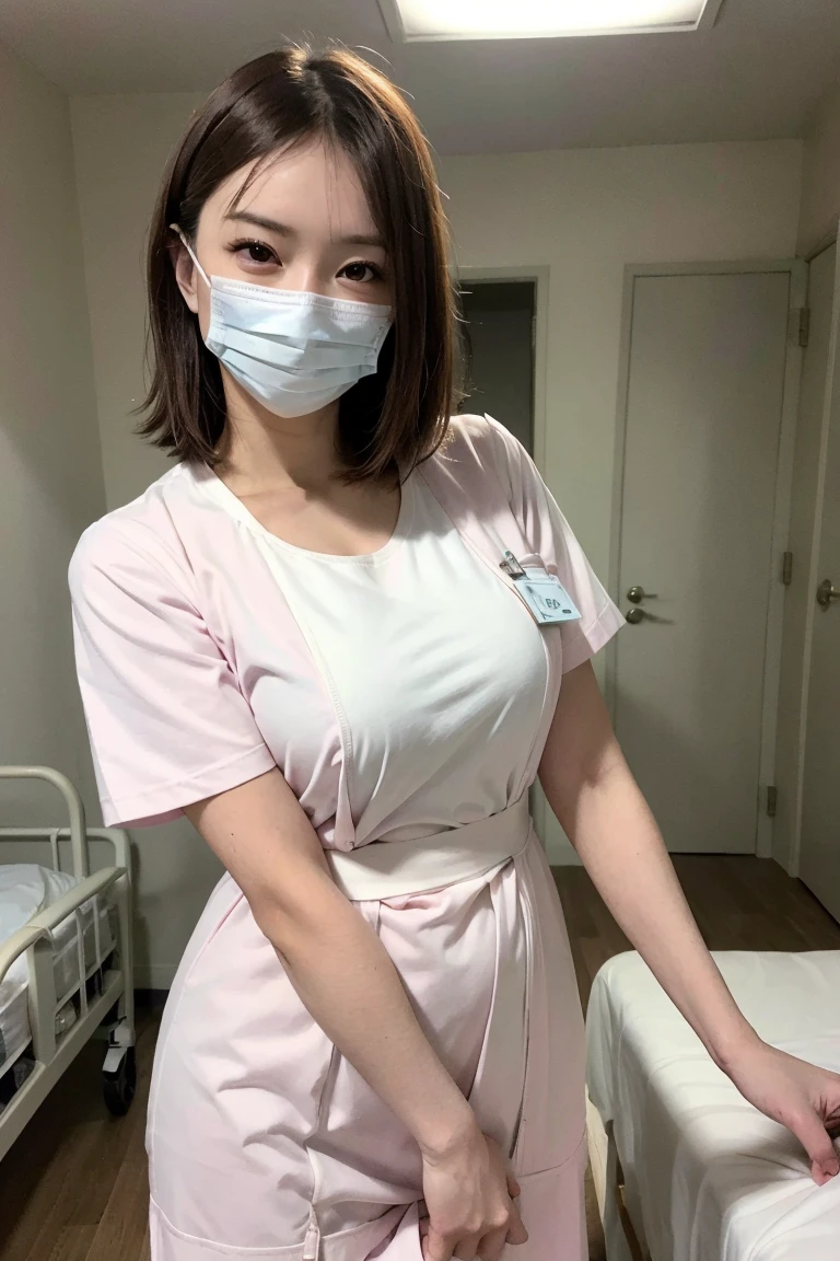 standing,Bright outdoors、Walking around the city、1 japanese girl,full smile,(Wearing white nurse clothes:1.2),(RAW Photos, highest quality), (Realistic, photo-Realistic:1.4), masterpiece, Very delicate and beautiful, Very detailed, 2k wallpaper, wonderful, finely, Very detailed CG unity 8k wallpaper, Very detailed, High resolution, Soft Light, Beautiful detailed girl, Very detailed eyes and face, Beautiful and detailed nose, finely beautiful eyes, nurse, Perfect Anatomy, Black Hair, Upstyle, nurse uniform, ((mask)), mini skirt, nurse, Pink outfit, thinl, clear, White Uniform, Neck auscultation,Bobcut、front、Crossing your legs