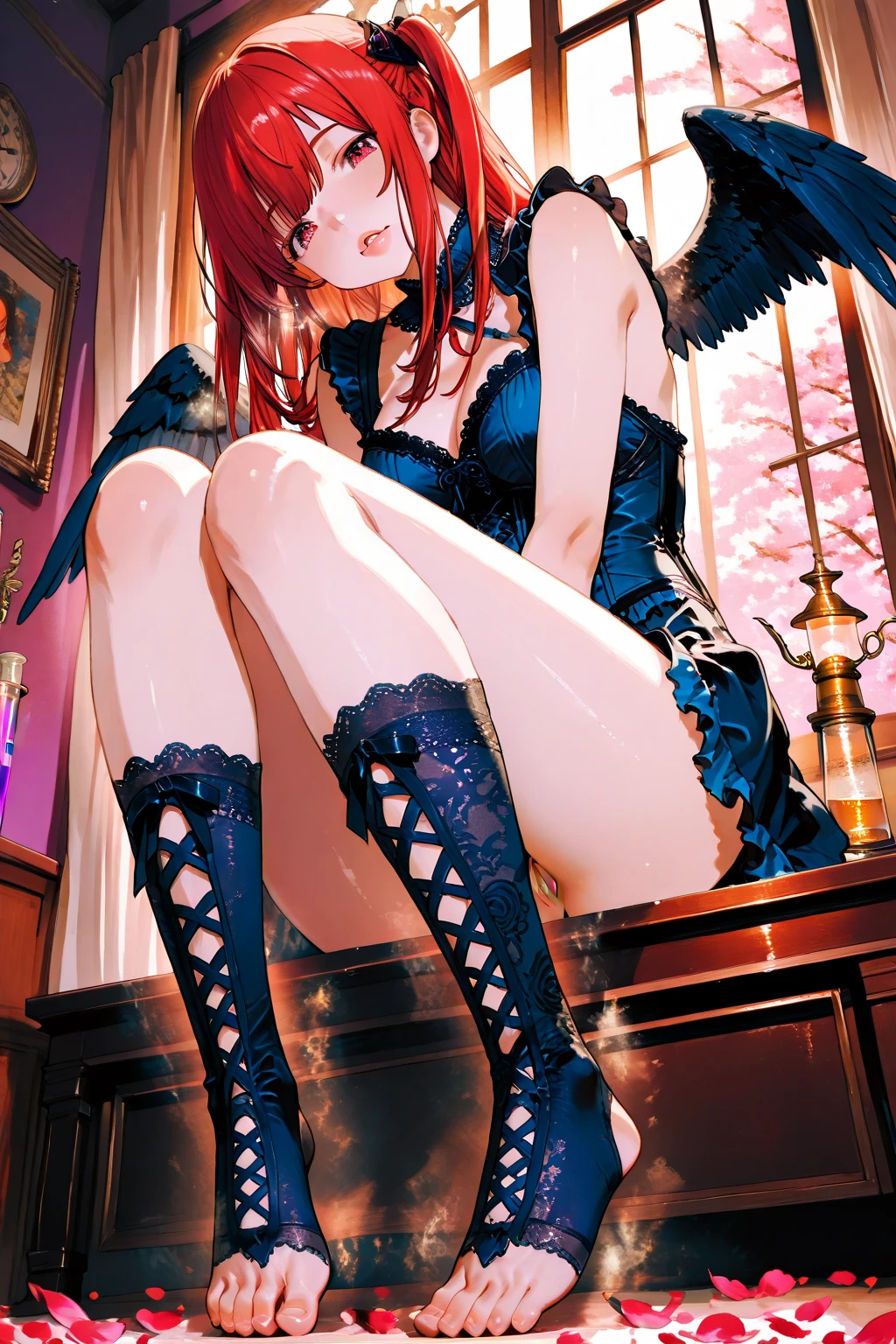 (masterpiece), (highest quality:1.2), 1 female, (masterpiece:1.3), exquisite details, highest qualityの8K解像度, Super detailed, reality, bright colors, soft tones, With warm and gentle lighting, (buckshot:1.5), (has devil wings, Horn, and the tail), (short wavy red hair), wearing black underwear, attractive appearance, (red eyes:1.8, shining eyes:1.5), (big breasts, tight waist, big firm butt)