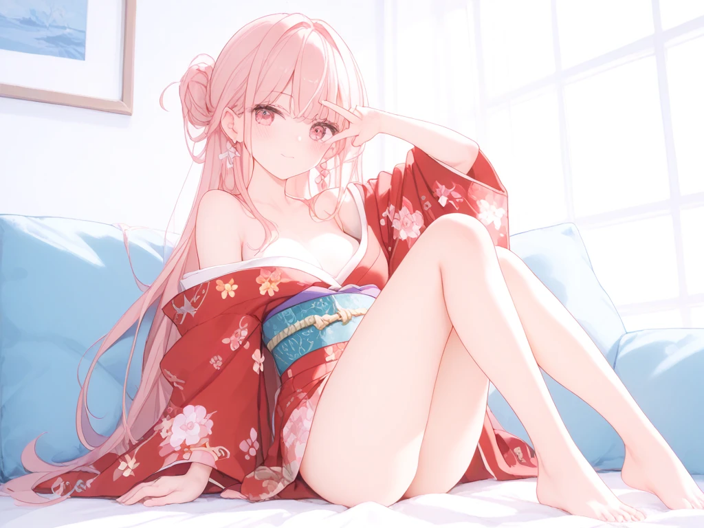 (High resolution), (32K), (very very highly detailed), (Best illustration), (beautiful and delicate eyes), (best quality), (super detailed), (master piece), (Detailed and delicate face), solo，Highly detailed face and skin texture，fine eyes，spread your legs、very shy、blush、spread legs，high details,(dynamic pose)，1 female, long hair , long legs、open crotch、 (camel toe)，(((とてもbig breasts)))、Exposing genitals without wearing pants，The protruding PUssy ，cocked ass，I grew up sexy、(((Yukata with transparent skin)))、best style、pink nipples、Transparent pink nipples、(Floral ornament on the head)、Beautiful woman、pink sky、pink clouds、pink flowers、 pink hot spring、pink water all over、pink light、pink sky間、((Feline ears))、off shoulder、big breasts、glamorous body、(lace panties)