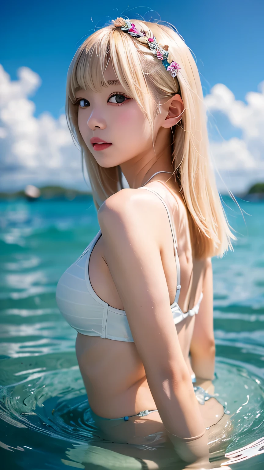 Cute Korean girl with blonde hair wearing a white bikini on a beach during night