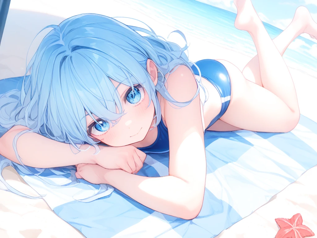 Blue sea and sky in the background、Please draw a scene of a woman wearing a two-piece swimsuit relaxing on a swim ring.。She smiles、Enjoying the summer sunshine while being rocked by the waves。In the background、Sandy beaches and seaside scenery。