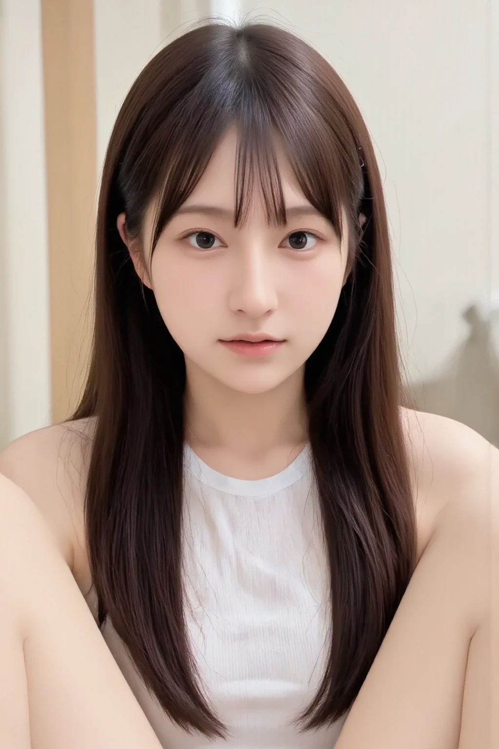 Japanese,Beautiful girl at 6 years old:1.85,Baby Face:1.85、Ultra-flat chest:1.85、Ultra short height、Innocent face,cute,Primary school students,Private elementary school,White tank top,Summer clothes,Lean over and look into:1.85、clavicle