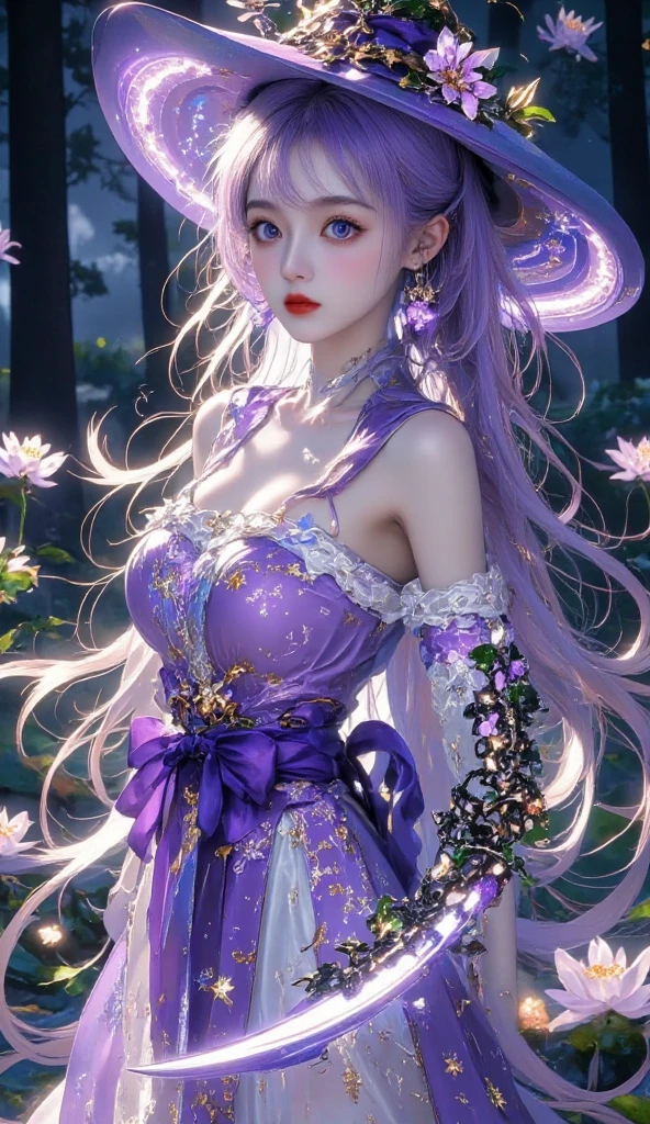 human with thin face, lilac hair and white skin with blue eyes, wear a lilac dress