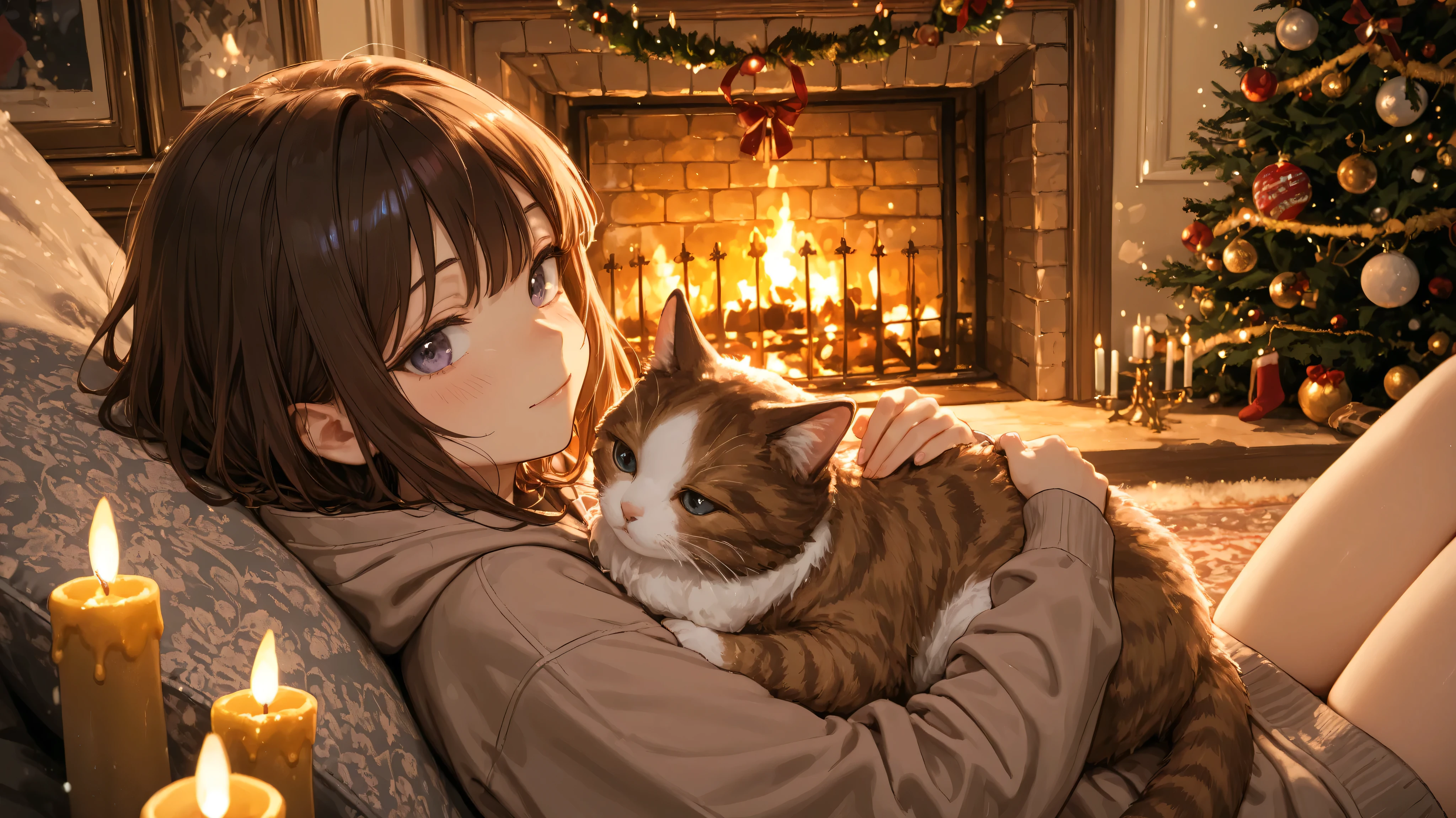 Upper-body anime-style view of a young woman seated cross-legged on a plush carpet beside a fireplace. She wears a soft burgundy hoodie, and a small fluffy cat is curled up in her lap. Her hand gently rests on the cat’s back as she gazes off to the side with a calm, gentle expression. Christmas decorations glow warmly behind her, and a few candles flicker nearby. The whole scene feels quiet, safe, and deeply cozy.