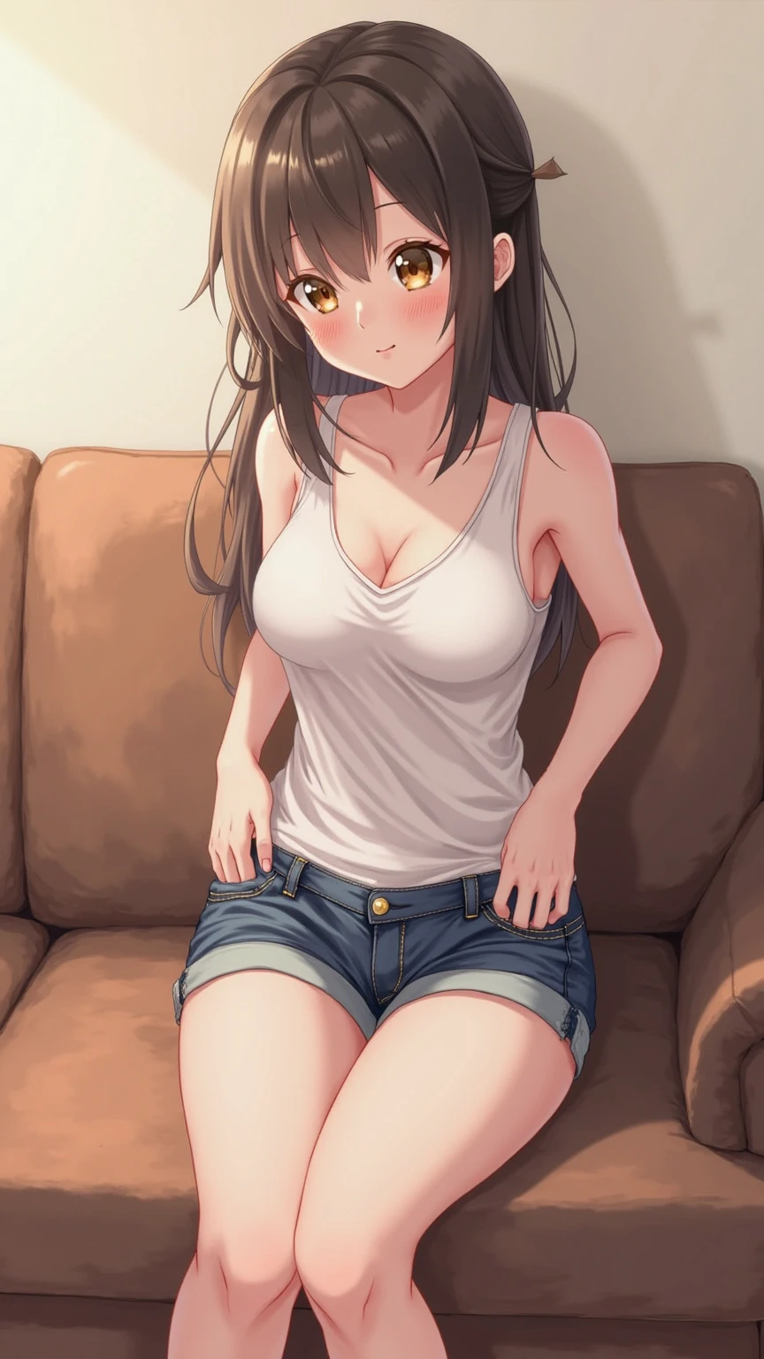 ((Tabletop, Highest quality, High resolution, , Pixel Perfect, 4K,))), 1 female, 、The whole body is visible、 ((Long Wavy Hair, bangs, Brown Hair)), ((Brown eyes, Beautiful eyelashes, Realistic eyes)), ((Detailed face, Blushing:1.2)), ((Smooth texture:0.75, Realistic texture:0.65, Realistic:1.1, Anime CG Style)), Medium sized breasts, Dynamic Angle, Perfect body, (( , , White camisole、No bra、、 Tight Denim Shorts、、)), Gold Hair Ornament、Cross Necklace、、Very embarrassing panic smile, 、、、、、、Nipples are slightly visible、Rub your breasts with both hands、、、、Stick your butt out、Luxurious apartment living room、Lying on the sofa、、Spread your legs、、、、、、 、)、