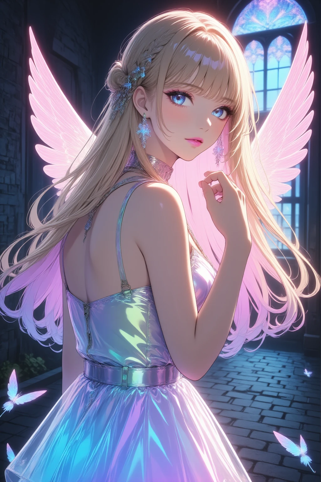 She is a blonde hair pink . SPARKLE; GLITTER

