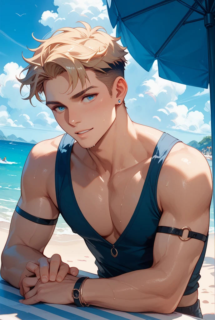 ((best quality)), ((Masterpiece)), (details), perfect face,high definition,Masterpiece,4k,details clearly,,,Handsome face,white skin,perfect body,male body,strong muscles,Abdomen muscles are wavy.,abdomen,blue eyes,white skin,The most handsome man in the world,handsome,,The coolest face,Male characters,Strong breasts,beautiful eyes,Look clearly...,short hair,Blonde hair,smile,happy face,kindness,perfect Body,Sixpack,Bright Skin,Healthy,shorts,Dark eyebrows,shirtless,Model,Bright lights,Posing,Happy,wet Skin,Yacht,on the Yacht,clear sky,Beautiful ocean,stand on boat,The wind is blowing,relexing,Good lips,Full HD,beautiful light,Sun light,focus body,muscular,beautiful eyes,V shape,perfect male face,handsome,sexy man,beach shirt,open shirt,windy