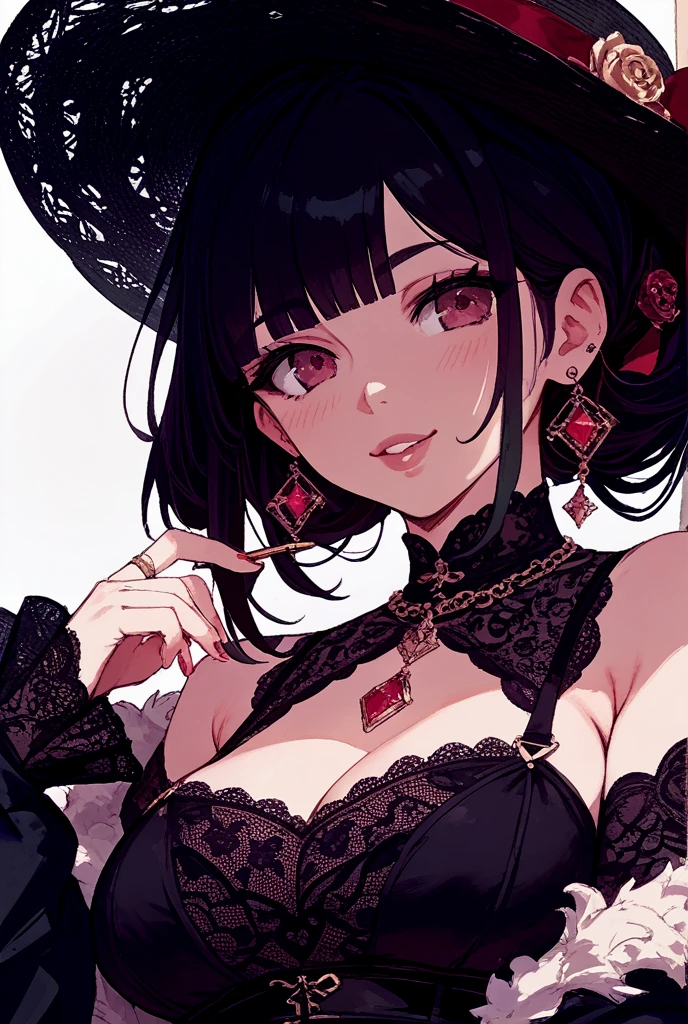 Akina Nakamori、Black lace dress、Age 25、Beautiful woman、sexy、Necklace with a white cross on the chest、Gothic style、Miniature tiny hat、Sharp and cute、Beautiful woman、(Shoulder Bare).