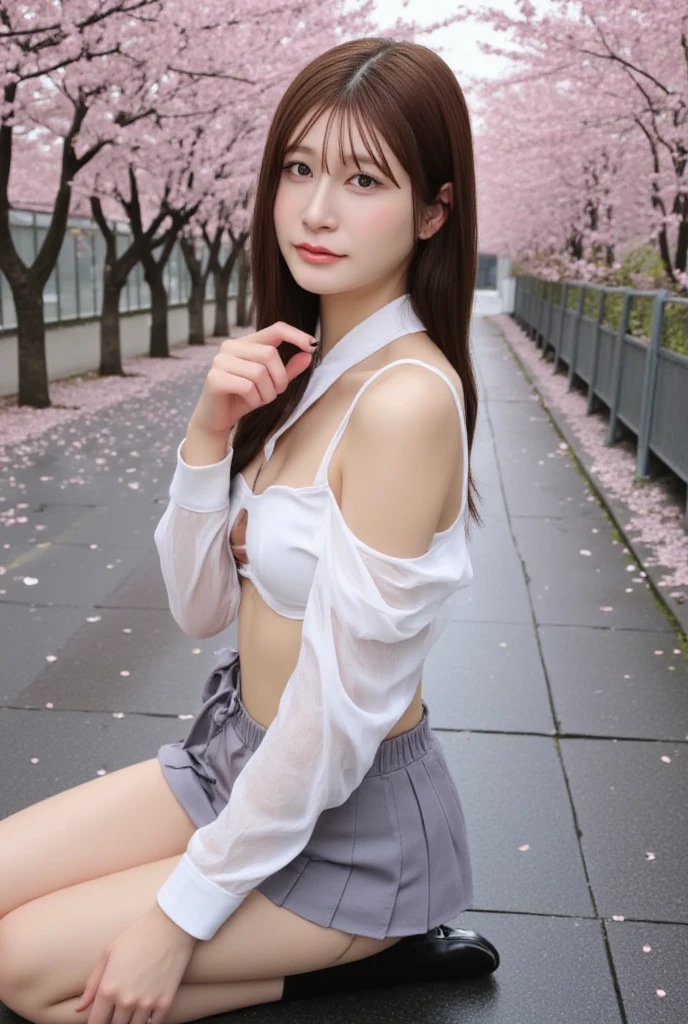 ((Best of the highest quality, 8k, Masterpiece, raw photo: 1.2)), (Sharp focus: 1.2), (1 AESPA, slim body type female, 21 y/o: 1.1), (Solo: 1.28), (realistic, photo-realistic:1.37), face focus, cute face, finely eyes, (droopy eyes: 1.32), (Emphasize prominent aegyo-sal with bright: 1.2), shimmering eyeshadow applied under the lower lash line, paired with thick, (small ???????, flat ?????, Thigh: 1.3), (short messy hair, bangs: 1.28), (wearing business shirt, panties: 1.32), walking terrace dining, flower, (from below: 1.12)