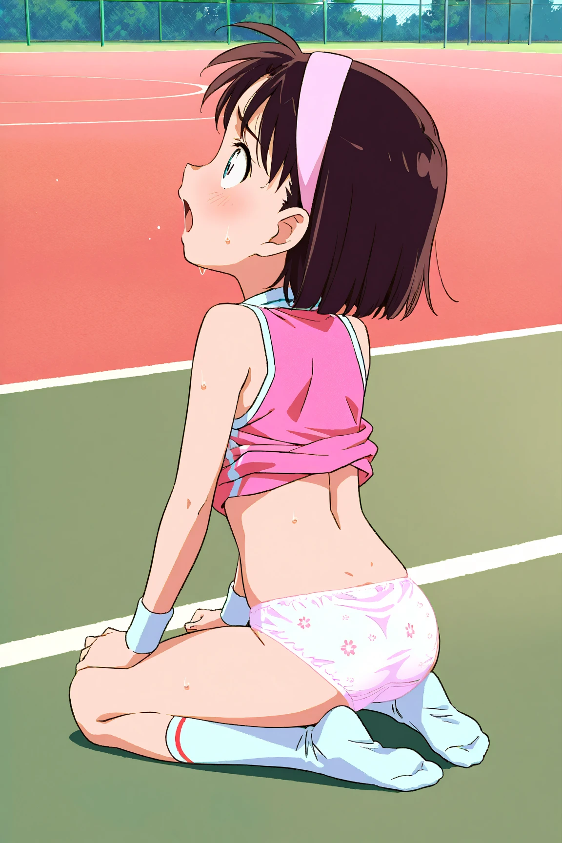 (a little boy, toddler, young, playful kid, boyish, naughty, lively), (playroom, children's playroom, playground, indoor play area), ((wearing:0.9, tight-fitting, stylish, graphic patterned, brightly colored)) bikini that shows his (big, plump, curvy) ass, ((big ass))