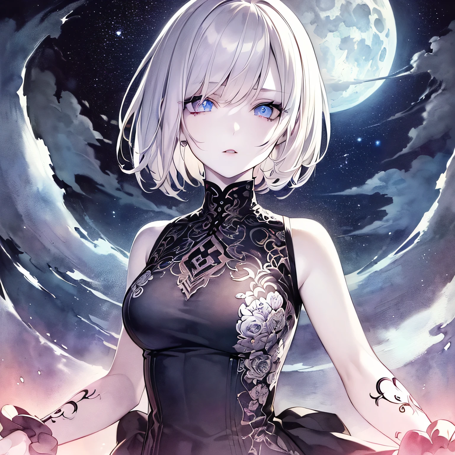 (Moon-inspired dress)), ((skirt)), ((pantyhose)), ((Shiny Costumes)), skindentation, skinny, solo, 1 woman, Masterpiece, highest quality, highest quality, 16K, incredibly absurd, highly detailed, 2.5D, ai-generated, delicate and dynamic, very delicate facial expressions, delicate eye depiction, erotic, only sexy woman, ((A cute and kind face)), healthy figure, ((25-year-old woman)), 160cm tall, medium firm swaying bust, , blush, Sweat,Embarrassed,sexy, ((thin thighs)), (camel toe:0.7), (visible nipples:0.3), (Erect nipples,:0.7), shiny and lustrous, facing straight at viewer, (((in heat))), ((Oily_skin)),, ((dutch angle)), ((erotic pose)), , (((A woman making a confession under the moonlight))),