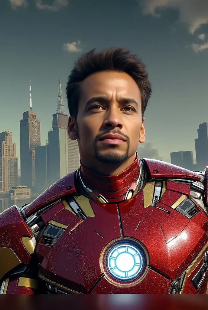 (masterpiece, intricately detailed, highest resolution, best quality:1.2), (doujin), a cocky Latino Instagram influencer,a 24 y.o muscle stud with a muscular physique sitting on a chair with black eyes,dark-skinned male, wearing a ((Ironman inspired costume, armor, gauntlets, boots, tight shirt, gold metal ornaments, gold gear uniform)), (excessive cum), (cum on body), (cum drip), flaccid penis,saggy balls,hairy chest,vascular,muscle striations,soft light,fantastic realism,