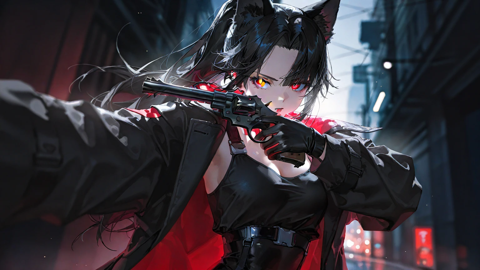 (masterpiece), highest quality, Ultra-high resolution,Black Hair、Big smile、Bat、rock、(Red Check:1.2)、Skin Jean、cool、(gun:1.3)、Visual Kei、Illness、Background padlock、target