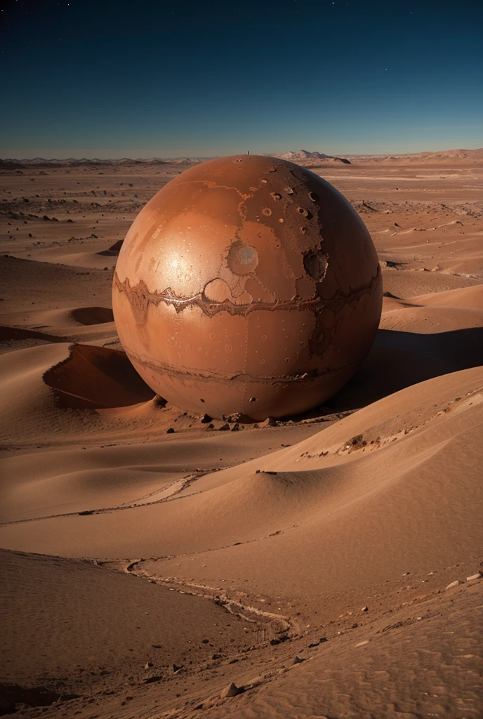 Create an art scene illustrating an alien planet with a haunting atmosphere of desolation and unease. The planet should appear barren, with a lifeless landscape that evokes a feeling of loneliness and fear. In the center of this planet, there stands a statue in the shape of a giant erected penis.