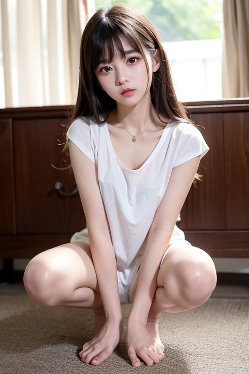 (((highest quality,Very detailed,masterpiece,Very detailed))) ,(((Bend your knees))),loose breast,See-through,camisole,one piece,barefoot,One Girl,Realistic,Lying down,Bedroom、Looks sleepy