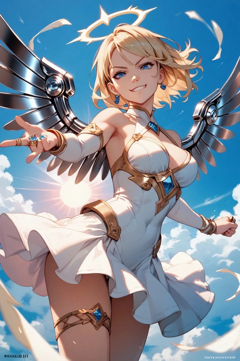 fantasy, 1 angel_girl, cute, , blonde_hair, medium_bob_hair, long_bangs, halo, bare_shoulder, thighhighs, silver_armor, waist_armor, little_breasts, angry, grinning, open_mouth_teeth, 1 pair_wings, dynamic_pose_fighting, floating, bare_crotch, headgear, gauntlet, greaves, city_background, slightly_spread_legs, solo, groin_naked,