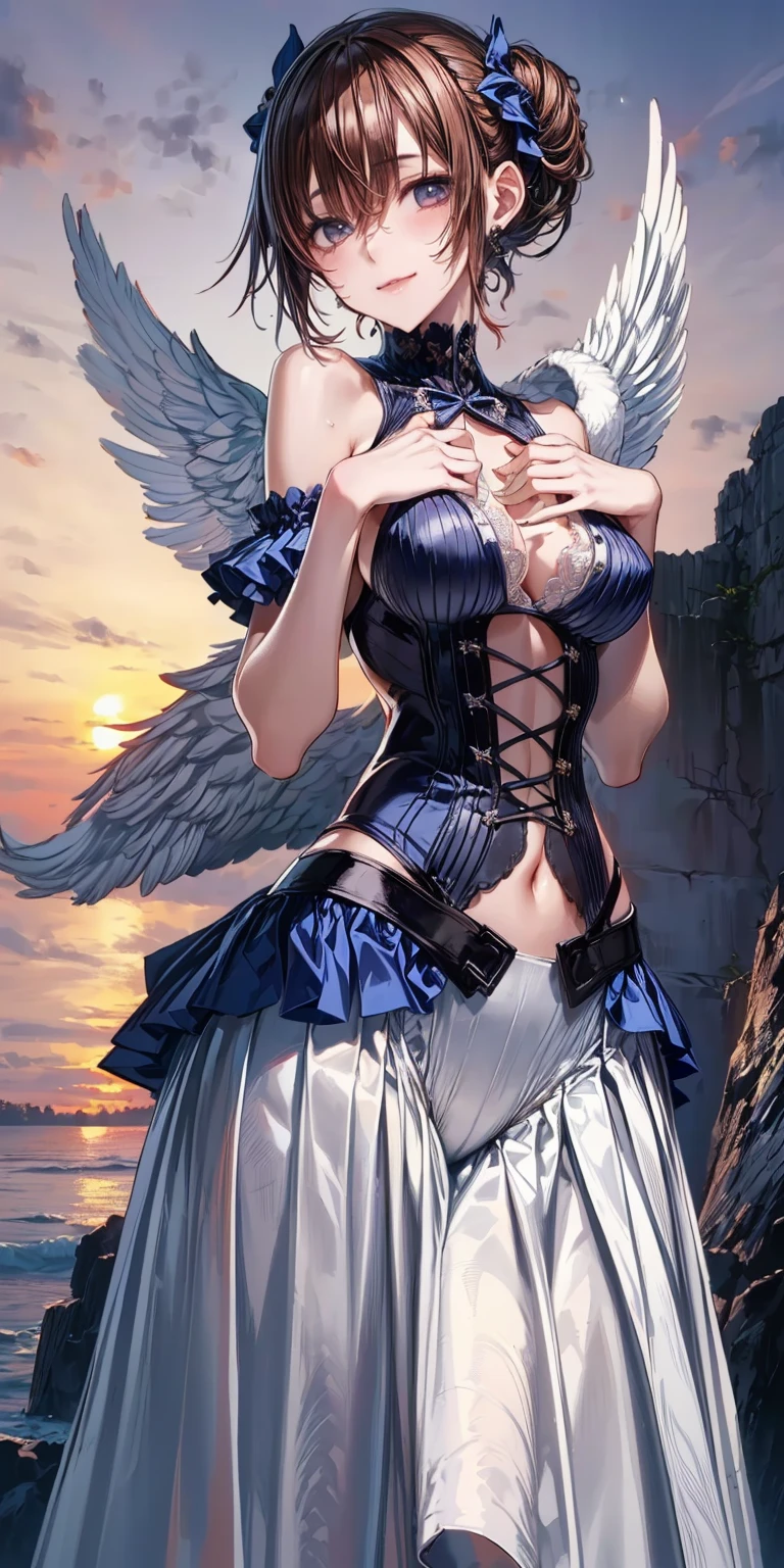 female archangel prepared for battle, an extremally beautiful warrior valkyre, ultra feminine, long hair, dark blonde hair, braided hair, wearing divine heavy armor, long leather boots, cleavage, big breasts, hiding hands, hands behind her back, (white armor: 1.2), full plate armor, (angel wings: 1.2) spread, angel wings on both sides of her back, posing for a picture, full body, floating mid-air, sunset, 16k, RAW, ultra wide shot, photorealism, depth of field, hyper realistic, 2.5 rendering, ray tracing