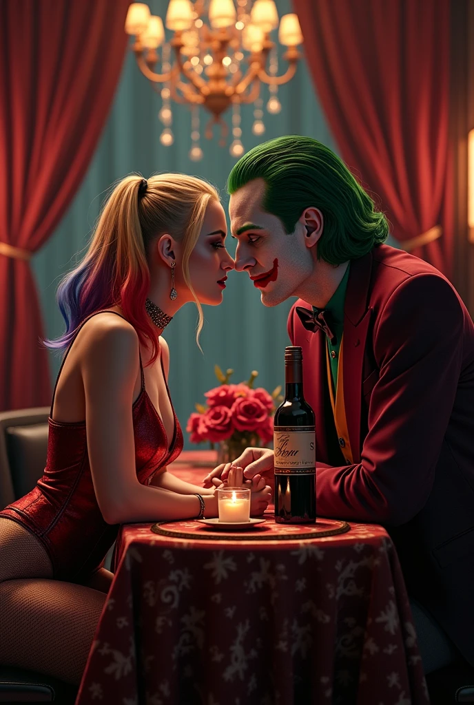 Cinematic image of Harley Quinn without a bra inside a fancy hot tub she is jumping on her back on the joker's lap and he is naked behind her and hugging her from behind he is squeezing her breast and Harley Quinn is moaning