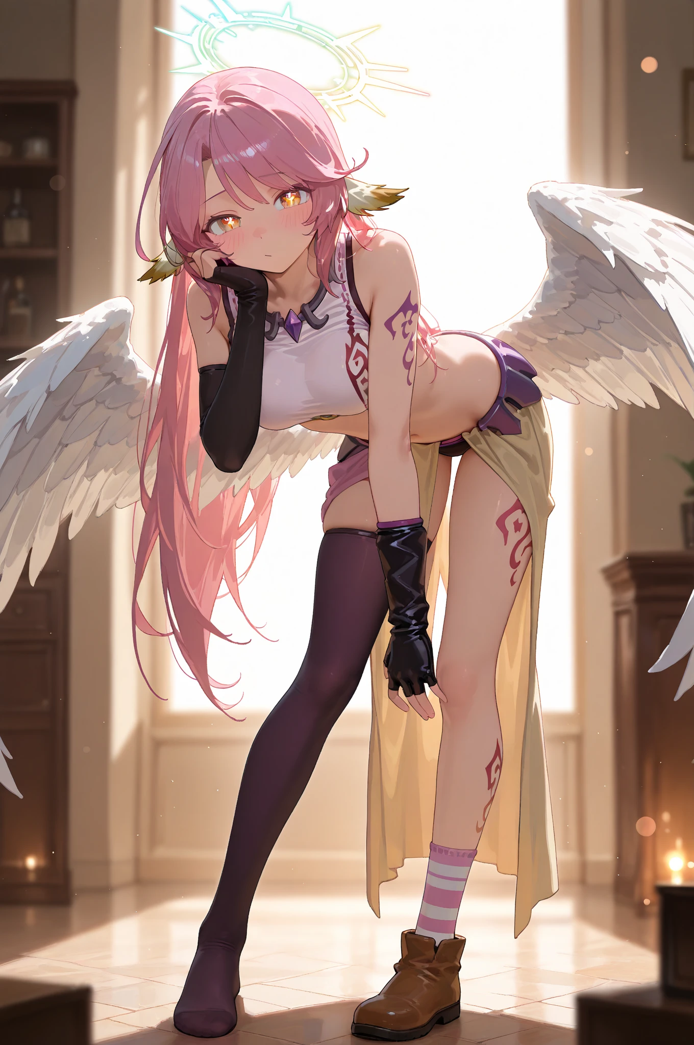 giant girl 50,000 feet high，Weight 1000kg，Has a pair of long legs，Open your eyes wide，Has three pairs of huge white angel wings，With huge devil horns on his head，crown on head，Elf wearing white earrings，She has long pink hair that reaches her feet，loose hair，Pink wavy long curly hair，Wearing a pair of black boots，White sleeves，Wearing white lace pantyhose，Pantyhose with bow and star decorations，白色蕾丝whole body，sitting on a tall building，Beautiful appearance，Exquisite makeup，quality，8k，高quality，Perfect proportion, Cinema lighting，film grain，Fuji colors，8k，textured skin，Super details，high detail，high resolution，charming，blood stains，脚底有blood stains，whole body，Obese，elf princess，feather，flowers