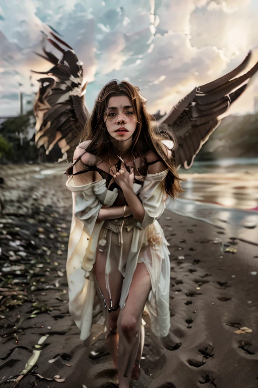 beautiful face, pretty face, pretty, angel, white clothes, blood, graffiti,dystopian,medium:painting,attention to detail,urban setting,vibrant colors,street art,vivid depiction,post-apocalyptic,flying,angelic wings,metallic texture,gritty,decaying buildings,expression of hope,darkness and light,contrast between beauty and decay,humanity's struggle for survival,loneliness in a crowded city,self-expression through art,dramatic composition,strong emotions,contrast between innocence and chaos,beauty in unexpected places,celestial beings among everyday life,unconventional guardian angels,lush vegetation emerging from cracks in the pavement,harsh reality transformed into art