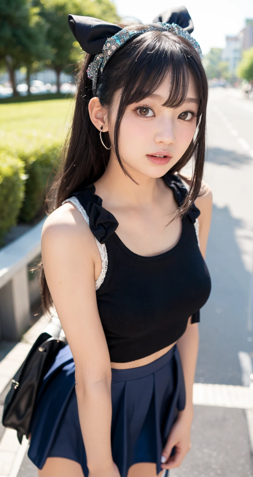 8k,Japanese,9 years old,Childish,Innocent face,Innocent look,Teenage Girl,cute,spring-like clothes,Spring weather,Casual wear,Black Hair,Riverside Park,Sitting,Thighs,Décolletage、Absolute area、Thighsの付け根、Chest、Knee-high socks、Her belly button is visible、I can see your tummy、Too much exposed skin、My white pants are visible