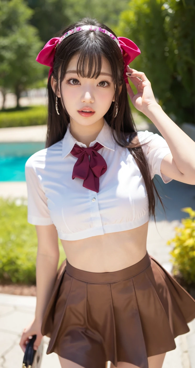 NSFW， 8K Raw photograph， best qualtiy， tmasterpiece， 超高分辨率， filmgrain， cinematic ligh， 1girll， looking at viewert， Natural skin texture， Realistic Eyes and Face Details， full pouty lips， lipsticks， （putting makeup on）， Red eyeshadow， Short fluffy hair， messy  hair， ssmile， Keep one's mouth shut， beautifullegs， Tall women， being thin， Slim_Legs， 独奏，  Pose with your hips facing you， Superskirt， hindquarters， Pocket shirt， Beautiful natural location， Location of flowers around， （detailedbackground）， Plaid skirts， Pocket shirt， ， Show a little through the shirt， Loafer shoes， vague background， bblurry， halter， tartan， short- sleeved， JK ribbon around the neck， JK ribbon， brown  hair， bangle， Eau， By bangs， 校服， jewely， parted lip， cparted lips， From the side Side， pleatedskirt， depth of fields，beachside，