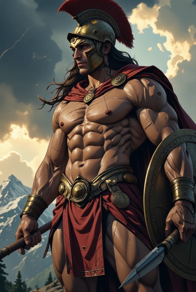 warrior man with big sword, muscular man of micro loincloth with bulge, sword in hand, upward bulge in micro loincloth, city background, bright and gleaming sword, quality image, best quality, in attack position, realistic details, magic particles, whole body image, clothes with golden details, long hair tied, scar on face, image catching all body, boots with golden details, blood particles, golden armor, uncovered abdomen, micro leather thong, scar on chest, part of leather armor, manly man, man with big hair, big bulky muscles, whole body, medieval scenery, photo particles, rays of sunlight in the background, full body image, whole glass appearing in photo, medieval city background, Medieval setting, hair flying in the wind, bulge upward erection