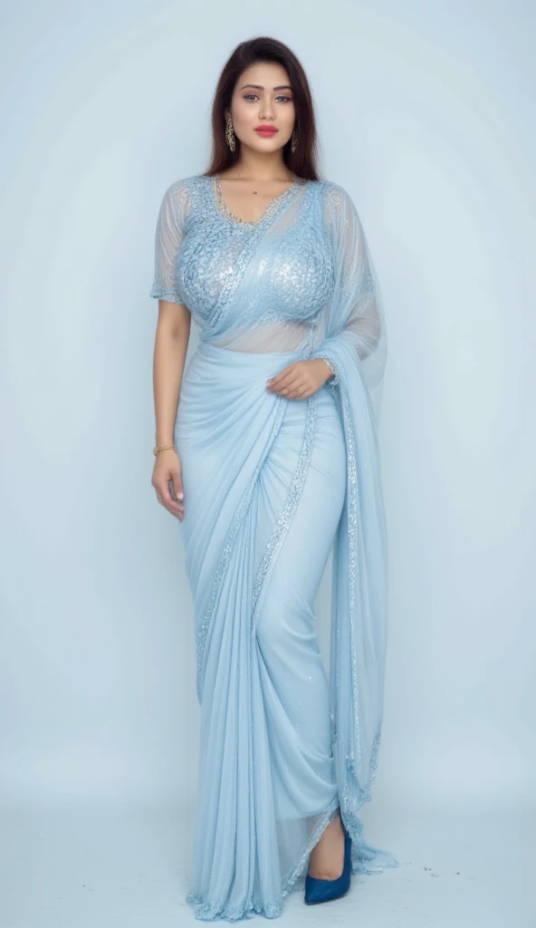 Day scene, A radiant, full-figured South Indian 35 year old aunty a white colour chiffon gown ,standing, in a office captured in a full-body image with vibrant hues and meticulous details. Full body image