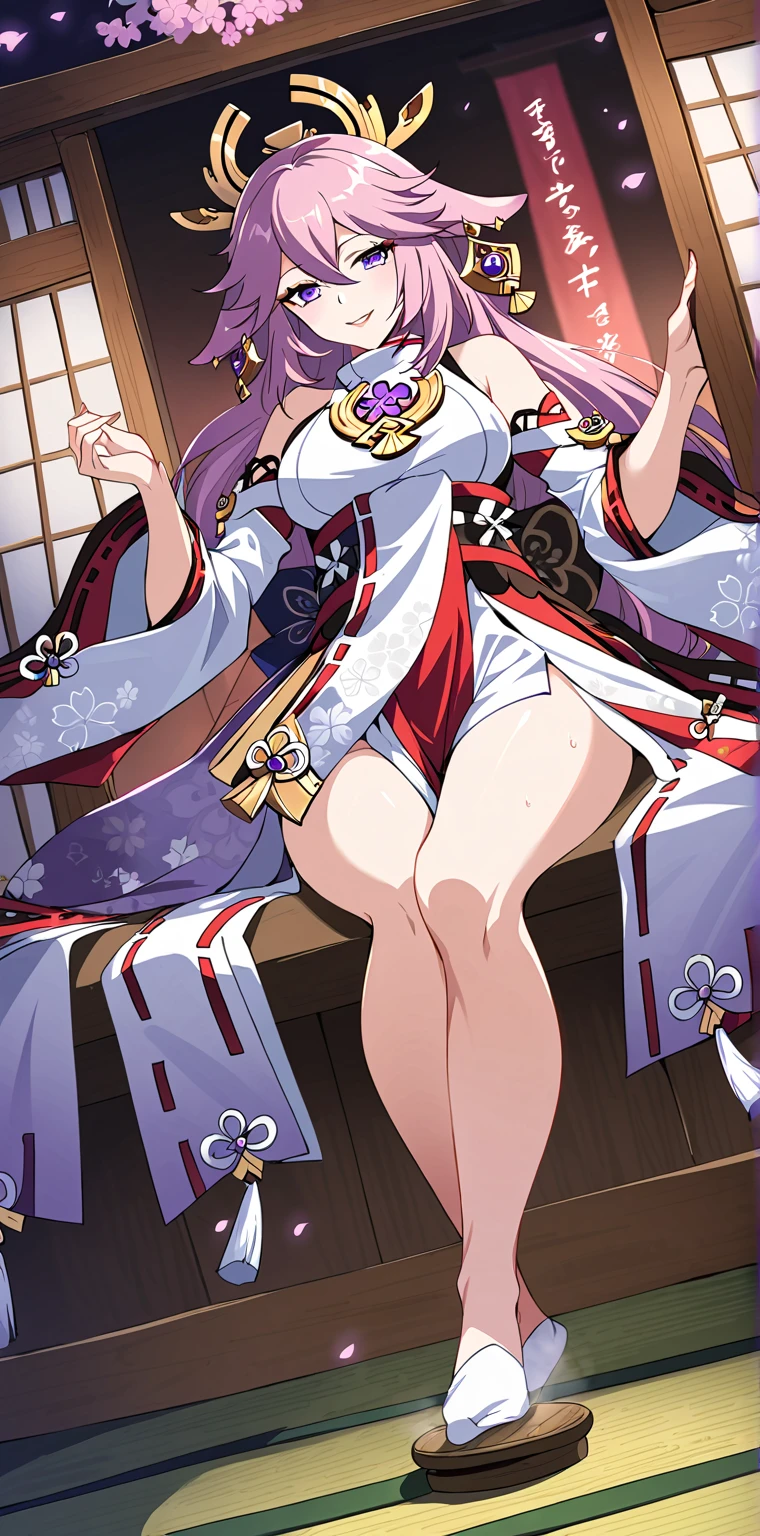 masterpiece, best quality, 1girl, solo, narmaya, purple kimono, bandages, large breasts, sitting, onsen, steam, water, rock, japanese architecture