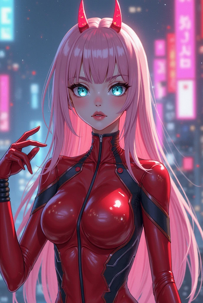 Masterpiece, top quality, best quality, official art, beautiful and aesthetic, anime, 1girl, Zero Two, extremely detailed, colorful, more detailed ((ultra-detailed)), (highly detailed CG illustration),horny,detailed face,pink hair, big green eyes,red body suit, unzip bodysuit,cleavege, in middle,skinny fit, small breasts,cleavege,neckline,street,night,cyberpunk,rain,wet,camel toe.