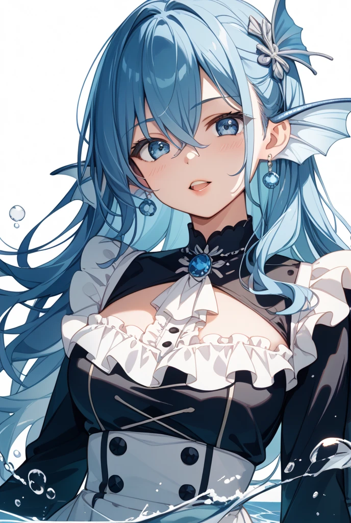 (underwater image:1.5) (masterpiece,best quality,ultra detailed) 、1girl、lghit blue hair、long hair、black dress、devil ears、black tiara、hand on Trident、
