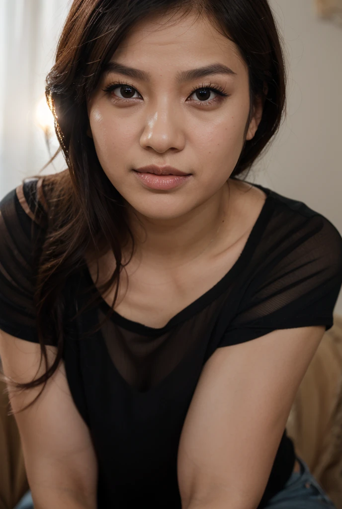 1girl, japanese, smile, wave long hair, long face, slant eyes, red lipstick, fat lips, thick eyebrows, (make up), (big eyes), (nude), (bra), lingerie, nsfw, ugly