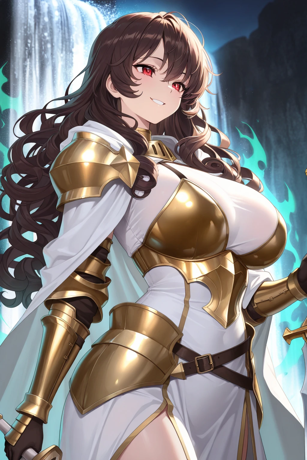 best quality,solo,Milk, BIG ASS, very curvy, Walnut Brown Eyes, Full lips, Tempting, Thick thighs, Curvy physique,Night,Highest image quality,Outstanding details,Ultra-high resolution,4K image, assembly, best quality, masterpiece, movie lighting ,action,In battle,light beam from hand,Golden lightning surrounds,Green eyes,Lipstick,Gold Armor,Amot hardware has cracks,Sweat,Anger,Red hair,wavy long hairstyle,cleavage