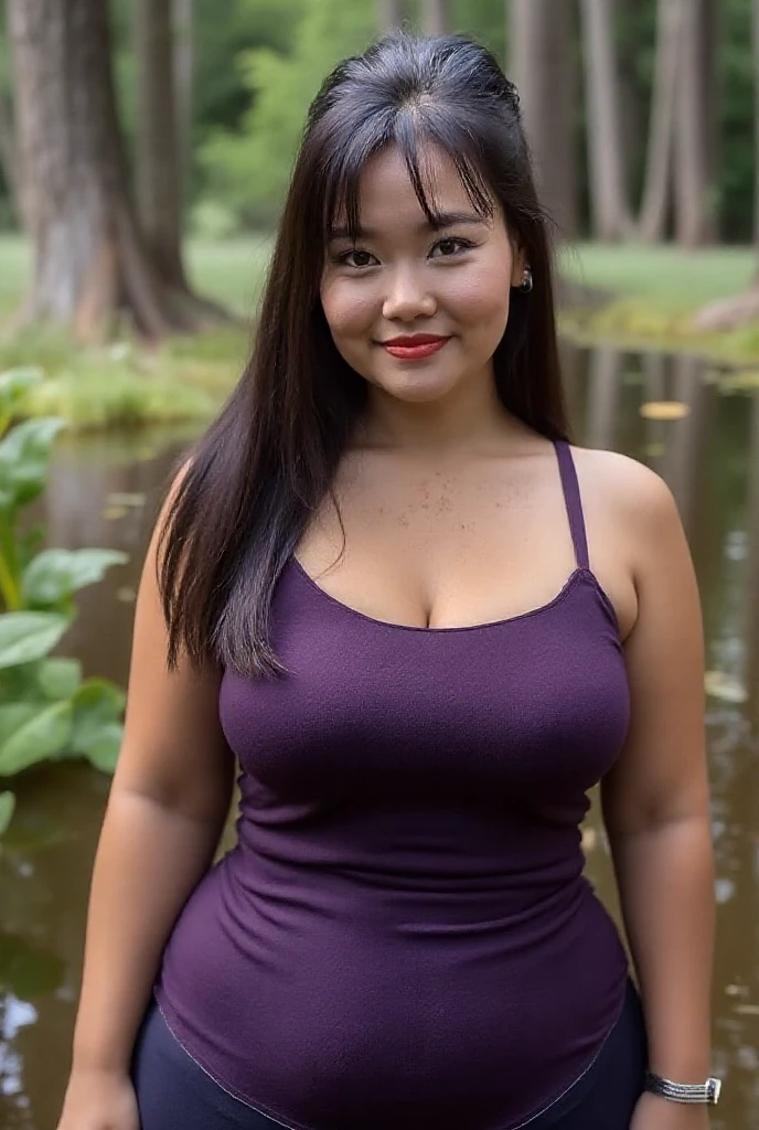 Chubby Malay woman, beautiful face, sexy and curvaceous body, black hair, wearing a short dress, white skinned smiling seductively, sitting in the garden, high quality, very realistic quality, very good quality, very high quality HD 8K, detailed image description.
