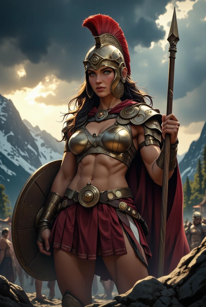 oil painting,Impressionism,300sprtns,1girl,best quality,masterpiece,trending on arstation,ancient Greece,ancient Spartan,red cape,round shield,holding sword,Corinthian helmet,cinematic lighting,strong woman,large breasts,helmet crista,<lora:300sprtns:0.8>,