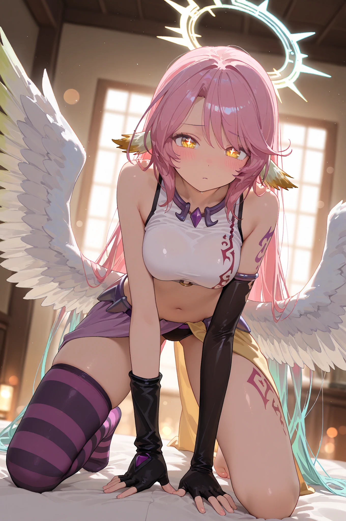 jibril 1girl, solo, long hair, breasts, sideboob, halo, pink hair, pink stocking, low wings, compass rose halo, wings, navel, book, gloves, bird ears, midriff, magic circle, asymmetrical legwear, angel, angel wings, animal ears, very long hair, yellow eyes, white wings, large breasts, mismatched legwear, single shoe, feathered wings, orange eyes, shoes, multicolored eyes, thighhighs, crop top, cross, multicolored hair, gradient hair, looking at viewer,