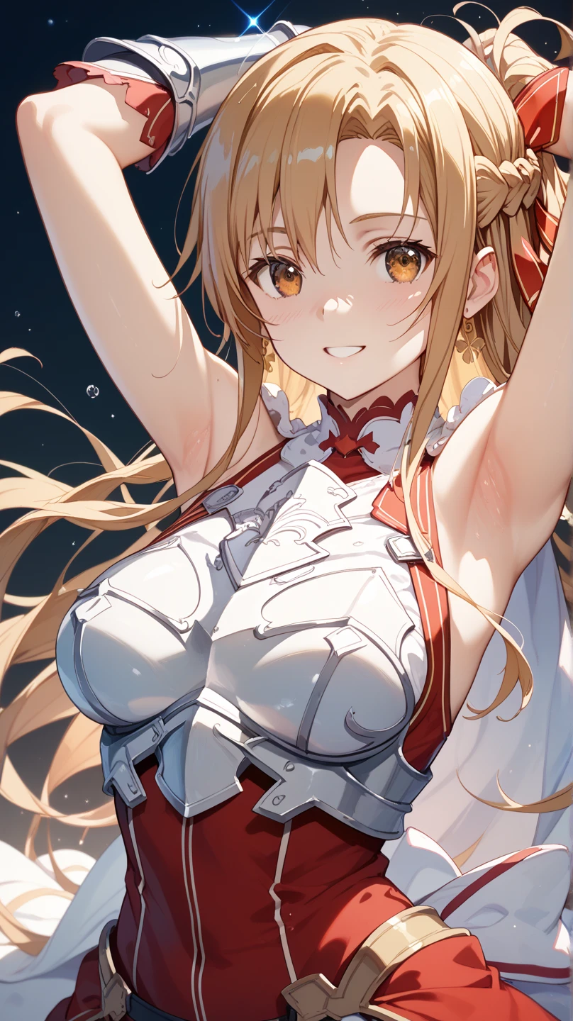 masterpiece, Highest quality, High resolution,(Darkness), 1990s\(style\),(D-cup beautiful breasts),armor、A red hair clip in her hair,Sweating all over the body,Hosomi、blush、Shy、(Anime-style painting style),Blonde、long hair、Composition focusing on the upper body,(独奏),The background is outdoors