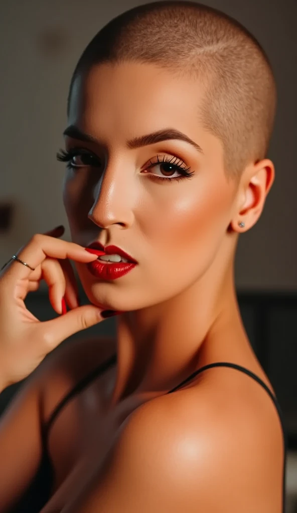 a stunning 30 year old woman with a super short buzzcut with a medium fade undercut and a side shave sitting in a barberchair and smoking a cigarette, photorealistic, hyperrealistic, 8k, uhd, high detail, masterpiece, film grain 