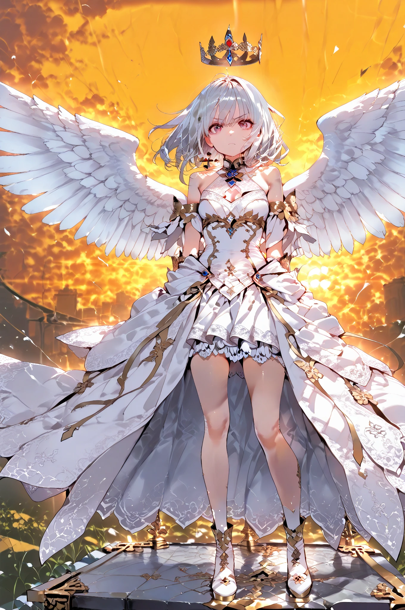 ((best quality)), ((masterpiece)), (detailed), a heavenly female knight, imposing, biblical, NSFW, long white grey hair, grey white eyes, very skinny, detailed, best quality, prominent collarbones, skinny arms, flat stomach, visible hip bones, small breasts, full body, red and white clothing, occult aesthetic, occult, detailed and intricate steampunk and detailed gothic, NSFW, Fluttering lace flared long knee length dress with frilly petticoats, knee length dress, pleated petticoats, petticoats gothic, complex lace boots, gothic aesthetic, wielding a mighty sword with mechanical components, mandalas, small breasts, a fairy, various different types of insect wings, bug wings, beetle wings, NSFW, full body, whole body, body, chains,