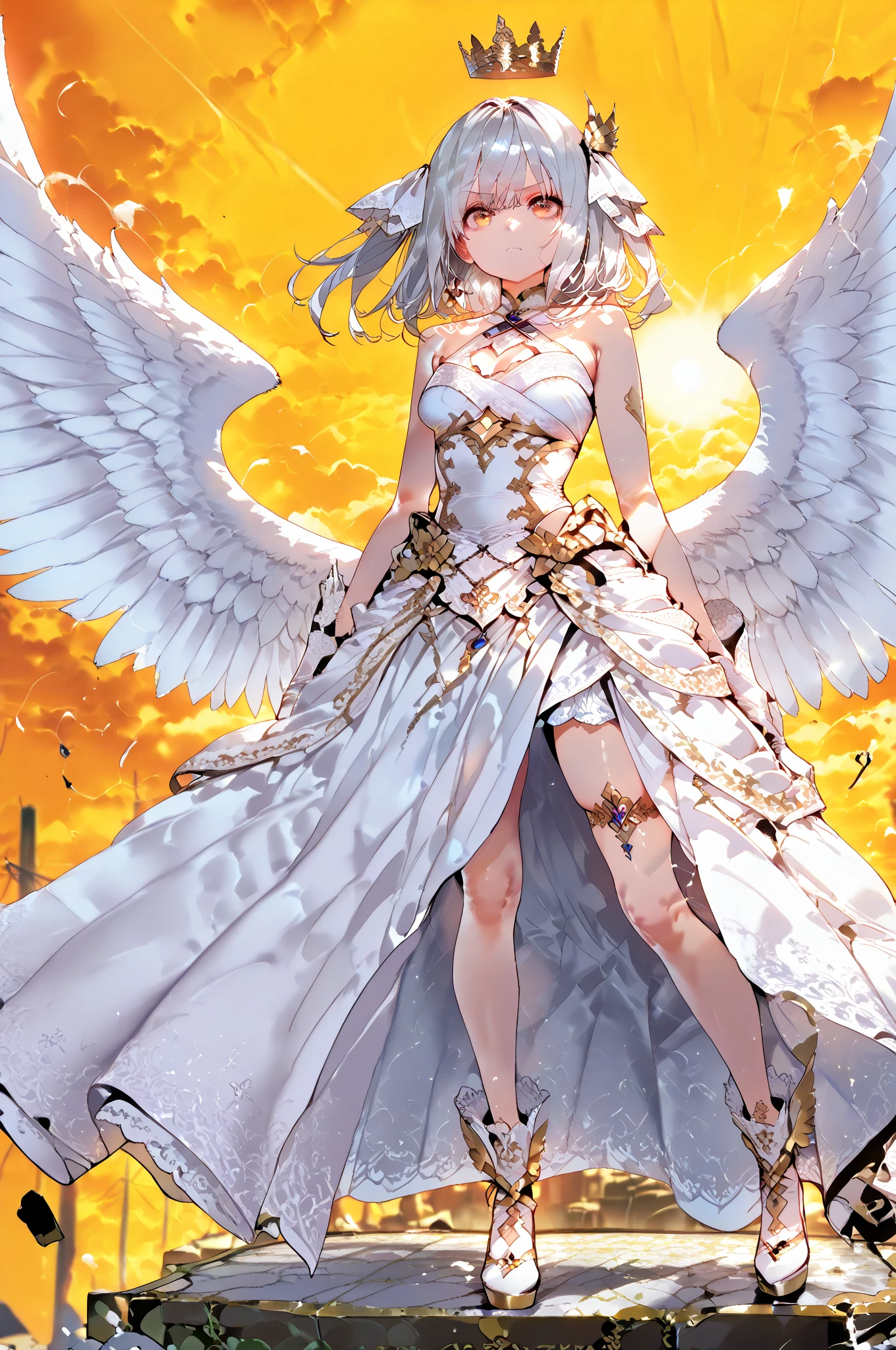 score_9, score_8_up, score_7_up, score_6_up, 1girl, angel, white and gold armor, crying, kneeling and crying, large wings, white halo, bare shoulder, jewelry, detailed red moon background, white hair, long hair,