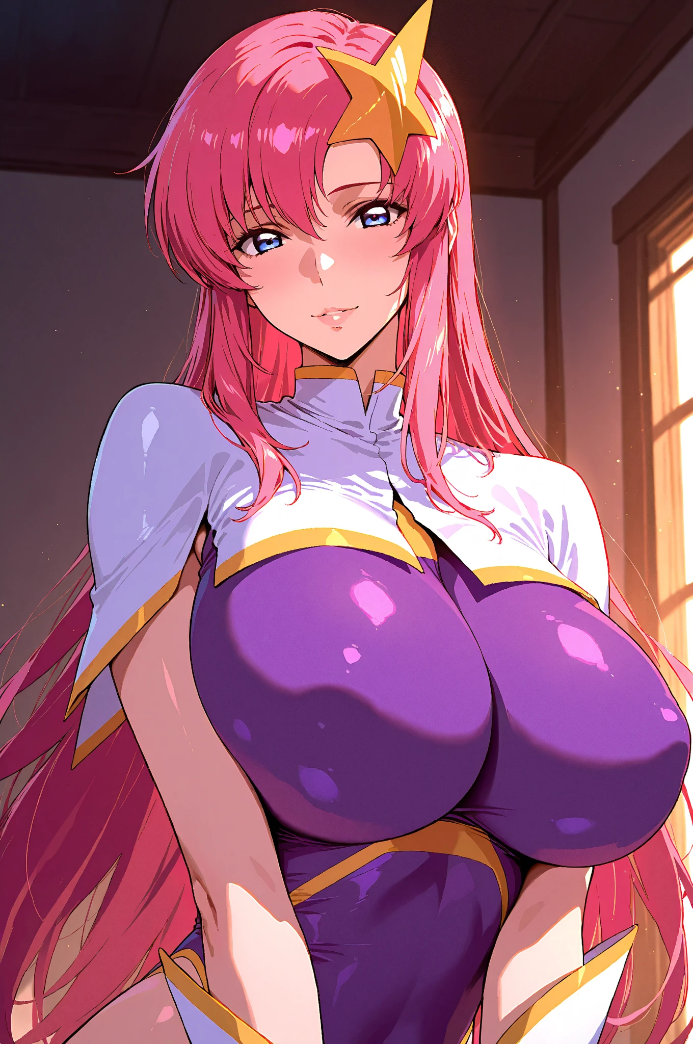 (best quality:1.2), tabletop, cowboy shot, alone, 1 girl, more Campbell, mischievous smile, looking at the viewer, raising arm, star hair accessory, high-cut leotard, skirt, gloves, extremely large breasts, (emphasis on nipples:1.5), shiny costume, (clothed gap:1.5), (heart pasties), (nude)