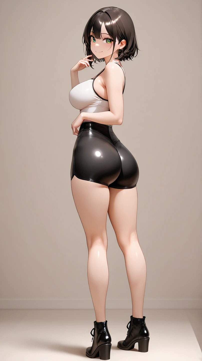 masterpiece, Highest quality, 8k, Realistic, Blue blank background, (1girl:1.3), (Photo from the waist up:1.3), (profile, Brown Hair, Short ponytail, White sun visor:1.3), (A very tight white polo shirt made of latex, Tight shorts:1.3), (flat chest:1.3), (Narrow waist:1.3), (Thick thighs:1.5), (Both armpits are visible, Anatomically correct, Accurate Anatomy:1.2), (Stand with your feet shoulder-width apart:1.3), Smiling with some teeth showing, (Shining light from the feet up, Shooting from the feet:1.3)