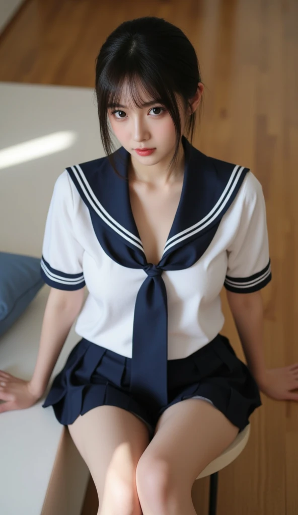 (Super reality:1.2), (digital art, digital illustration, 4k, 8k, Super detailed, beautiful images, clear image, (realistic), (RAW photo:1.3), perfect face, perfect lines, perfect eyes, Accurate body shape,   dark lighting) , 1 Japanese cute girl after school, solo, school uniform, (sailor suit, serafuku:1.3), (short cut hair style:1.3), Beautiful face, amateur girl, sexy gyaru:1.3, ((showing panties)), so japanese young Idol, full chest, slim body style,  (Inside the hotel, American size bed room, Antique furniture),  Precise arms, precise hands and fingers, Beautiful hands and fingers, small smile, Beautiful thighs, (cowgirl position, open legs, on bed), for back side